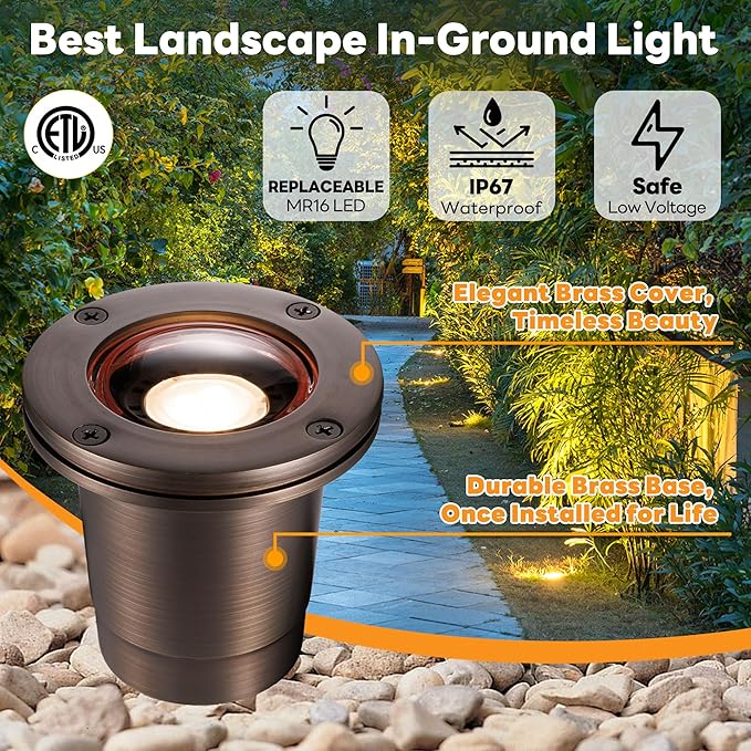 Gardenreet Brass Well Lights 12V - Ip67 Low Voltage Outdoor Light, LED Hardwired In-Ground Lighting, Antique Bronze for Lawn Pathway Wall Without MR16 Bulb (12 Pack)