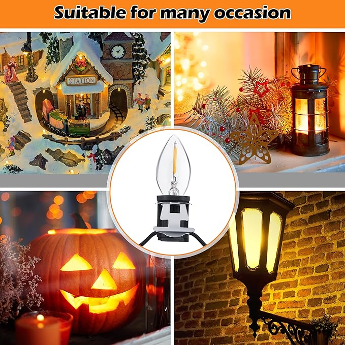 Meonum Christmas Village Lights Cord with Dimmer, C7 LED Lights with 2 Spare Fuse & 9 LED Bulb, Blow Mold Light Cord for Christmas Houses Villages, Holiday Craft Decorations, Night Light(Black)