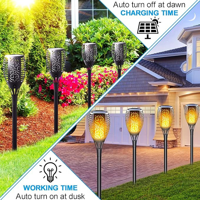 Solar Torch Light with Flickering Flame, Large Solar Fire Lights Outdoor, Landscape Decoration Lighting Security Tiki Torches for Garden, Pathway, Lawn, Auto On/Off Dusk to Dawn