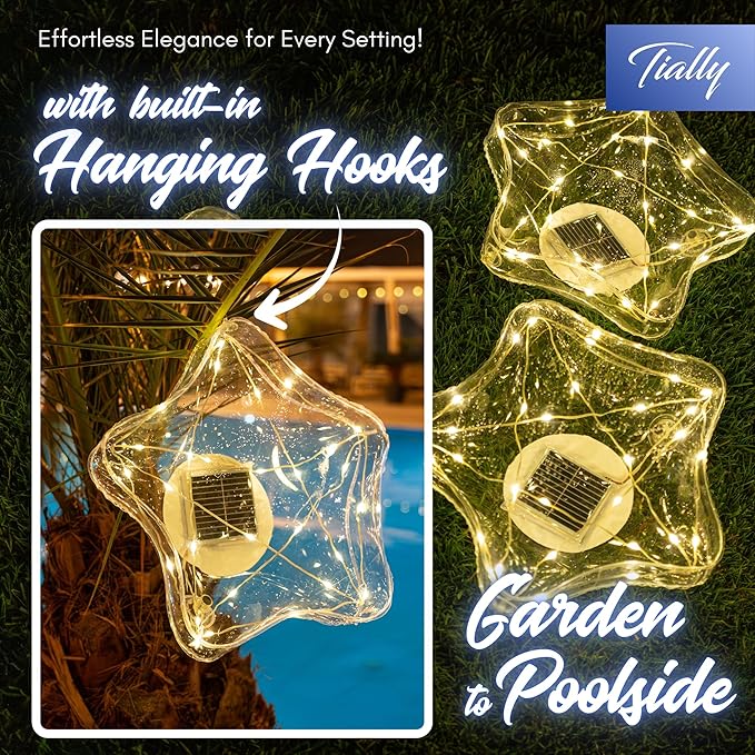 TIALLY Starfish Solar Floating Pool Lights - 14'' Star Lights Outdoor for Pool Decor, Inflatable & Hangable Outdoor Star Light, Waterproof Pool Decorations - Best Gifts for Pool Owners (2 Pack Warm)