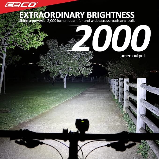 CECO USA 2000 Lumen USB Rechargeable Bike Light – Tough & Durable IP67 Waterproof & FL1 Impact Resistant– Super Bright F2000 Bicycle Headlight – for Commuters, Road Cyclists & Mountain Bikers