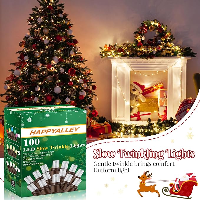 Slow Twinkling Christmas Light, 100 LED 35Ft Pulsing Twinkle Lights for Christmas Tree, 5mm Wide Angle Soft Random Shimmering Set with Brown Wire Cord, Waterproof String Lights (Warm White)