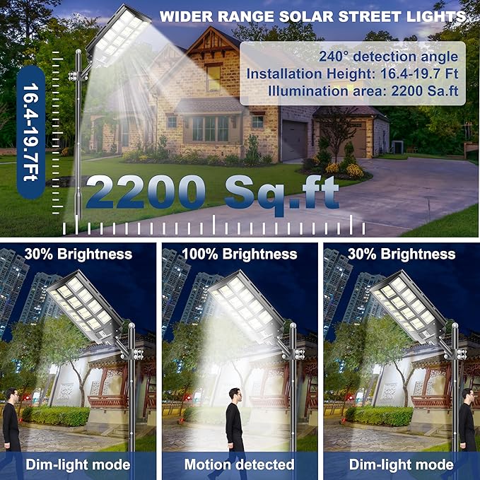 loyoele Solar Street Light 8000W Outdoor Waterproof, Solar Outdoor LED Street Light 120000 Lumens 7000K Dusk to Dawn, LED Wide Angle Lamp with Motion Sensor, for Parking Lot, Yard 1-Pack