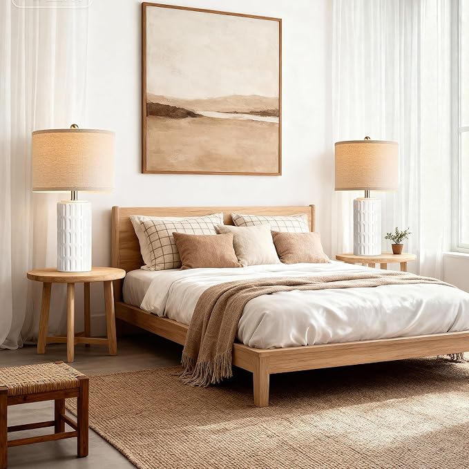 PARTPHONER 23" Farmhouse Modern Ceramic Table Lamp Set of 2 - White Bedside Lamps for Bedroom & Living Room, Nightstand, Desk, End Table