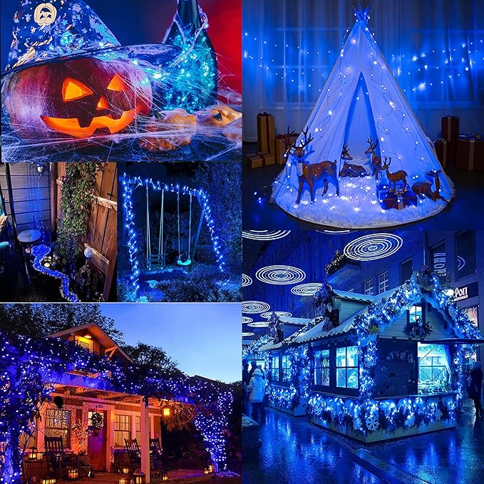 2 Pack 33ft 100 LED Solar Copper String Lights,8 Modes Christmas Fairy Lights Waterproof IP65 Twinkle Lighting Indoor Outdoor Fairy Firefly Lights Auto ON/Off (Blue)