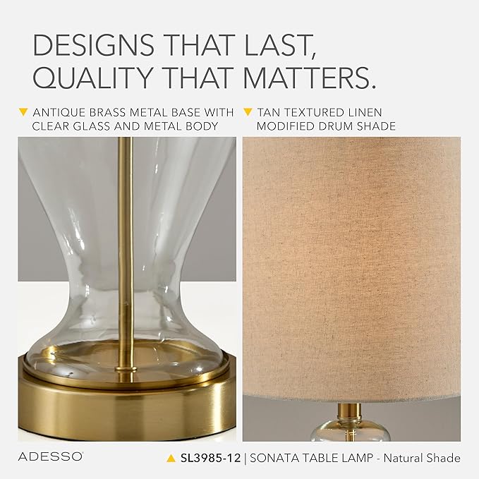 Adesso Table Lamp with Glass Base, Brass Accents, and Tan Textured Lampshade – Bedside Table, Home Office Lighting, or Living Room Decor, 26” x 12”