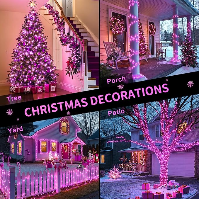 JMEXSUSS Pink Christmas String Lights 600 LED 168ft Remote Timer Clear Wire Pink Fairy Lights for Romantic Dinner Bedroom Tree Outdoor Patio Wedding Party Christmas Room Decor