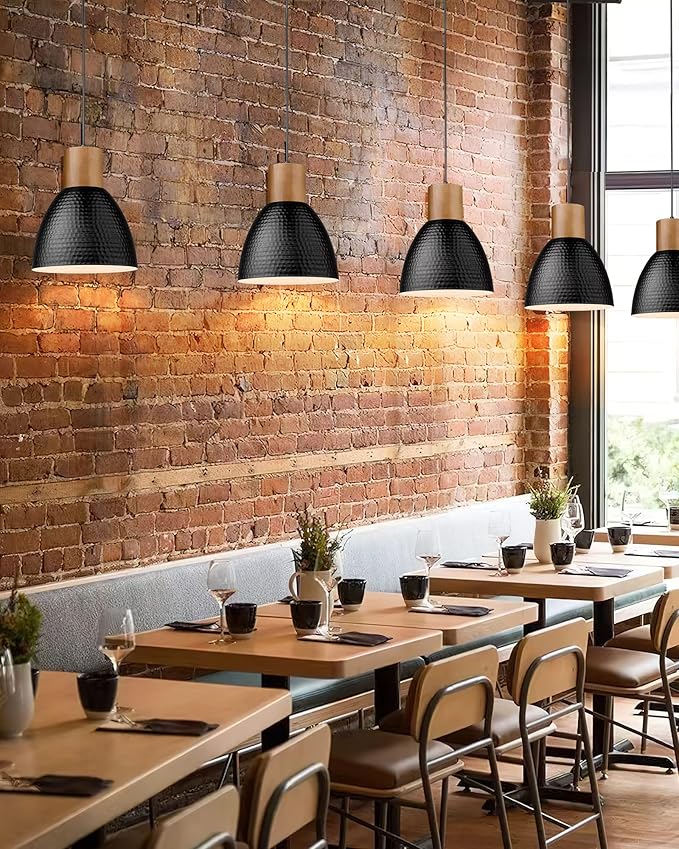 ELYONA Industrial Hammered Pendant Light, Solid Wood Hanging Lamp with 7” Hammered Metal Shade, Farmhouse Pendant Light Fixtures for Kitchen Island, Dining Room, Bedroom, Office, Modern Black, Small