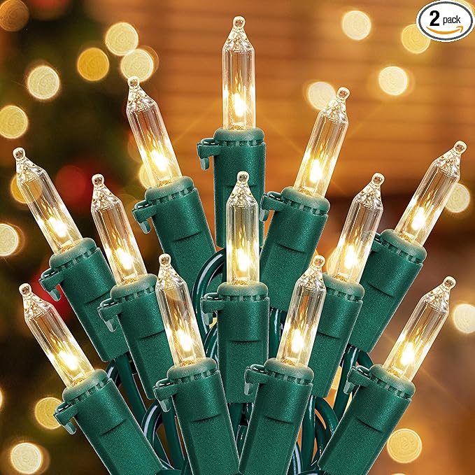 Hopolon 2-Pack 13ft 50-Count Warm White & Clear Green Christmas Lights - Connectable 120V UL Incandescent Mini Lights for Weddings, Bedrooms, Porches