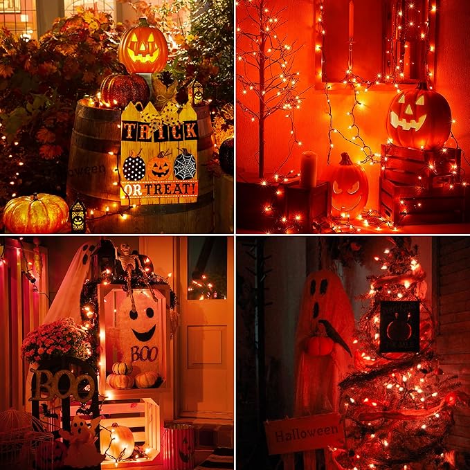 Hopolon Orange Halloween Lights, 2PACK 13ft 50 Orange Lights String,120V UL Certified String Light, Plug in Green Wire Fall Light Waterproof for Spooky Thanksgiving Party Decor(2pcs)