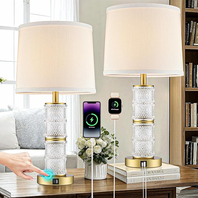 GRUENLICH Crystal Table Lamp Set of 2, 3-Way Dimmable Nightstand Lamp with Touch Control, USB C+A Charging Ports for Living Room Bedroom End Tables Office and Entryway （Gold）