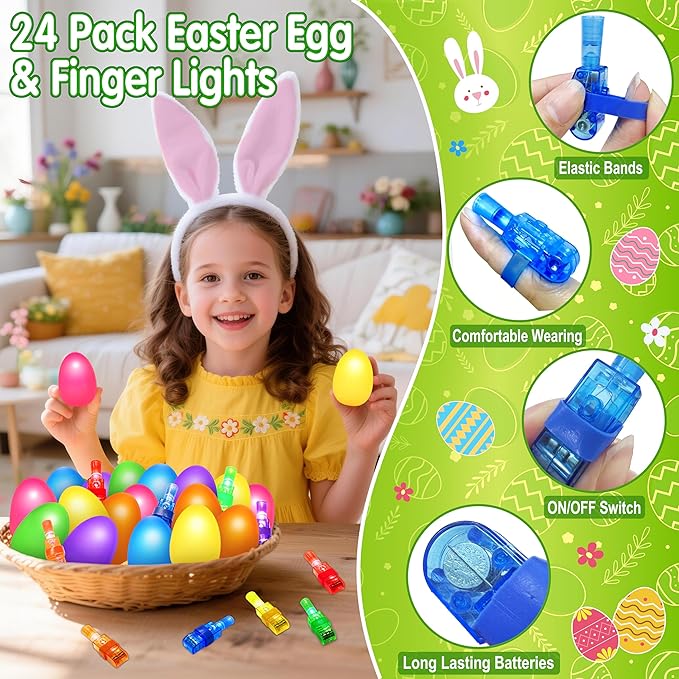 24 Pack Prefilled Easter Eggs with Animal Finger Lights, Easter Egg Stuffers for Kids, Glow in the Dark Easter Eggs, Party Favor Toy Gifts for Boy Girl, Classroom Rewards