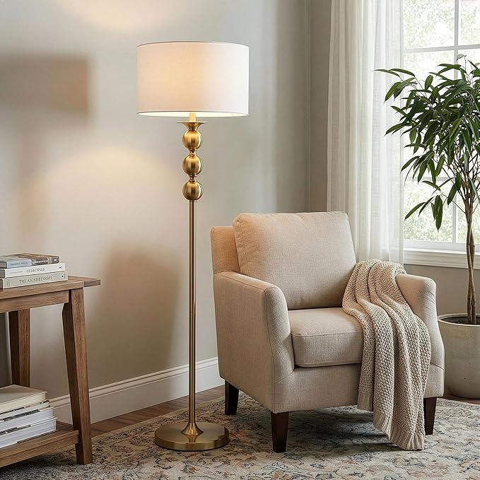 Brightech Riley 60" Floor Lamp, Elegant Modern Standing Lamp with Drum Shade, Boho Chic Mid-Century Living Room Décor, Classy, Traditional Art Deco Corner Floor Lamp for Bedroom, Office - Gold/Brass