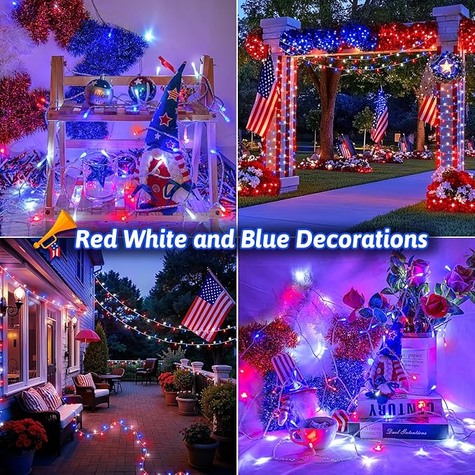 Red White and Blue Lights String for 4th of July Decorations Outdoor Total 100 LED 33ft for Memorial Day Decorations, Battery Operated Waterproof Timer Patriotic for Independence Day, 2-Pack