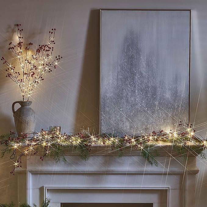 Hairui Red Berry Garland with Lights 6FT Battery Operated with Timer, Lighted Garland 120 LED Fairy Lights for Home Fireplace Wall Mantel Christmas Decoration Inside