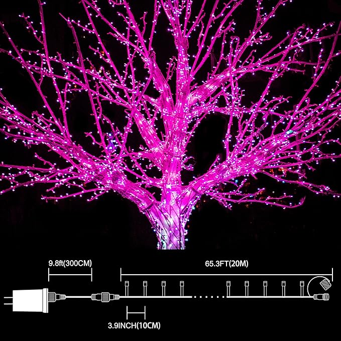 LAMPHOME 200 LED Pink Valentine Lights, 66ft 11 Modes Valentine Room Lights Green Wire,Connectable Plug in Pink Christmas String Light Indoor Outdoor for Christmas Bedroom Valentines Party