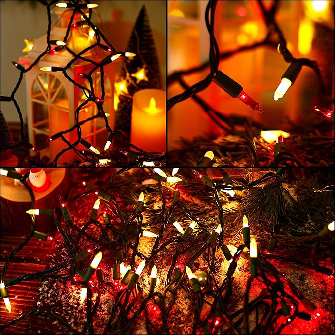 Christmas String Lights - 24ft 100 Incandescent Multi Color Mini Bulbs Lights,Red&White Lighting Decor for Outdoor&Indoor Use, Fairy Garden, Yard, Home, Party, Holiday, Halloween Decoration