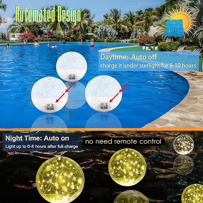 Floating Pool Lights Solar Powered - 14" Inflatable Waterproof Floating Pool Balls Light That Float for Party, Outdoor Pond/Patio Decorations (Warm-White, 4 Pack)