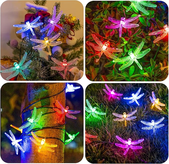 20 LED Dragonfly Solar String Lights, 8 Modes Waterproof Multicolor Lights Outdoor, 16 FT Solar Powered Dragonflies String Lights for Garden Fence Patio Yard Christmas Tree & Party Decor