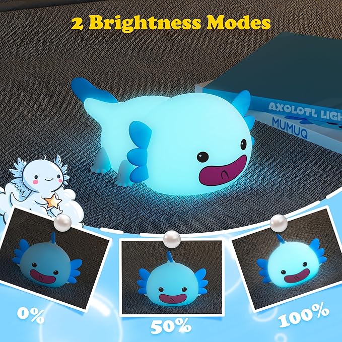 Axolotl Night Light, LED Cute Silicone Nursery Nightlight for Kids, Dimmable Squishy Night Light Rechargeable Touch Bedside Lamp with 20 Minutes Timer, Axolotl Gift, Funny Decor, Blue