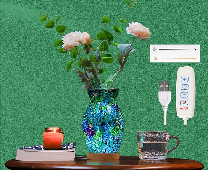 8-Inch Handcrafted Mosaic Cracked-Ice Vase Bedside Lamp with USB-Powered LED Wooden Base 10 Brightness Levels & 3 Color Temperatures,Art Decor Purple-Green Vase Night Light for Home