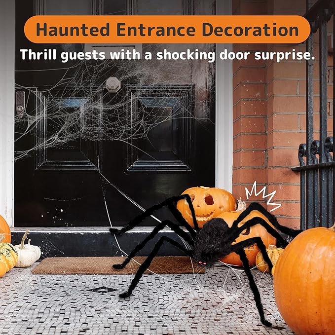 PREXTEX Halloween Spider with Light Up Eyes (LED Lights) - Decorations 4 Ft Hairy Spider Prop with Giant LED Red Eyes - Halloween Decor for Indoor, Outdoor, Golf Cart, Wall - Door Hanger