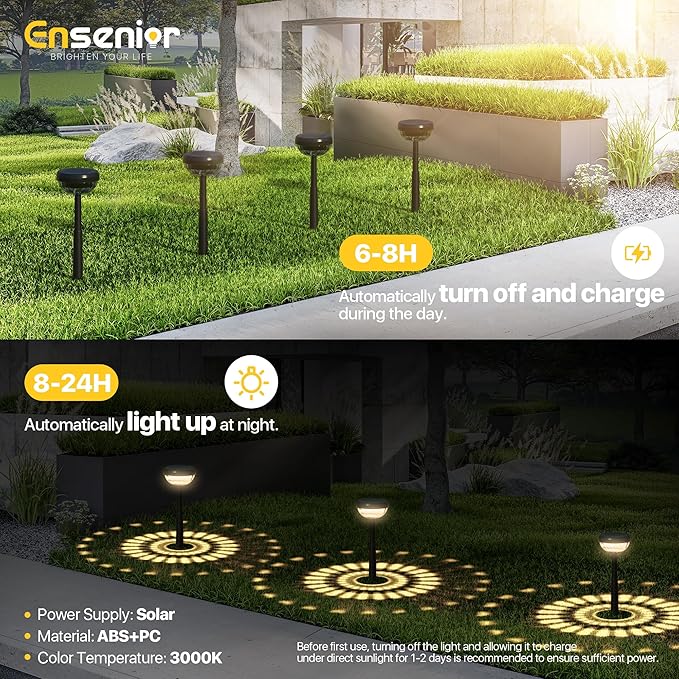 Ensenior 10-Pack Solar Lights Outdoor, Auto ON/Off 3000K LED Solar Garden Lights for Pathway, Yard, Patio, Walkway, Flower Bed, Waterproof, Energy-Efficient Landscape Lighting, Adjustable Height