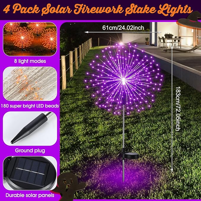 6 Pcs Easter Solar Firework Stake Lights 180 LED 8 Modes Solar Waterproof LED Sparkler Lights Outdoor Decoration for Christmas Holiday Garden Patio Yard Pathway Walkway, Orange, Purple