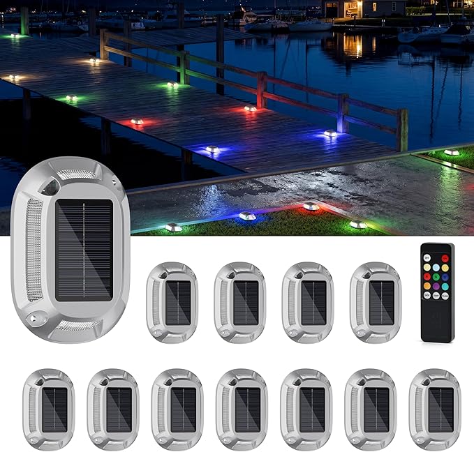 VOLISUN Solar Driveway Lights Dock Deck Lights with Remote 12 Pack,9 Colors in 1 Led IP67 Waterproof Outdoor Warning Step Lights for Driveway Sidewalk Pathway RGB