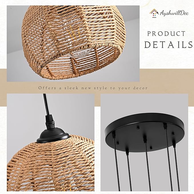 5-Light Woven Foyer Chandeliers for High Ceiling,5 Dome Boho Rattan Pendant Light Farmhouse Wicker Ceiling Light,rustic Hemp rope Light Fixture For Living Room Hallway Staircase Entryway(Bulb Incl.