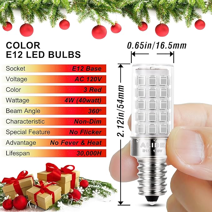 ALIDE E12 LED Candle Red Light Bulb,4W, 40Watt Equivalent, E12 Small Base C7 T6 Red LED Bulb for Christmas Holiday Festival Party Decoration Porch Sleep Night Light Chandelier Candelabra,3Pack