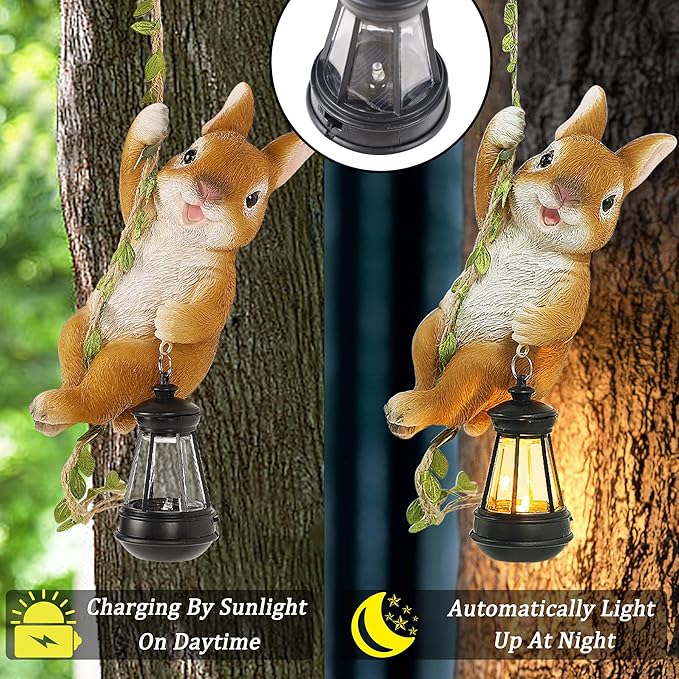 Joliyoou Easter Yard Décor, 6.9" H Resin Rabbit Climbing On A 23.6" L Vine with Solar LED Light, Waterproof Hanging Bunny Figurine Outdoor Statues with Hook for Garden Wall Balcony Tree Decoration