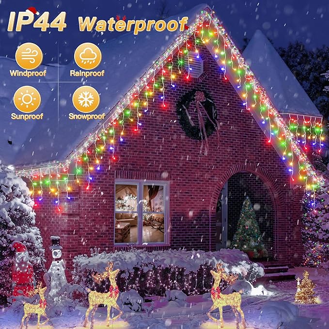 Icicle Lights for Outside, 216LED 24FT Waterproof Christmas Light Outdoor with 8 Modes & Timer, Connectable Christmas Icicle Lights for Eaves House Yard Indoor Outdoor Holiday Decoration(Multicolor)