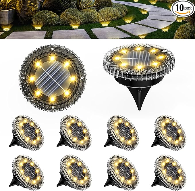 10 Pack Small Solar Ground Lights, Pathway Lights Waterproof, Outdoor Solar Light for Garden, Driveway, Walkway, Backyard (Warm White)