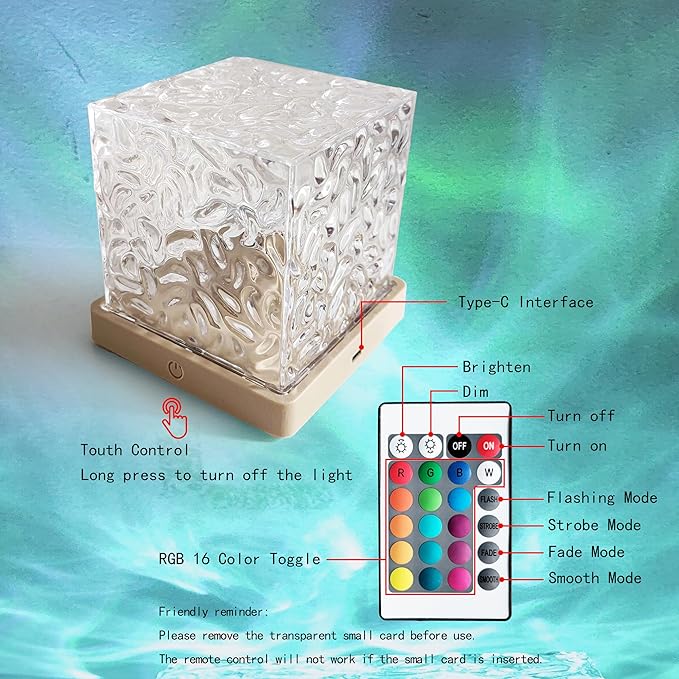 BENCACAO Ocean Wave Projector Light, Rechargeable Cube 16 RGB Color Changing Water Ripple Mood Lamp for Bedroom,Bathroom Decor