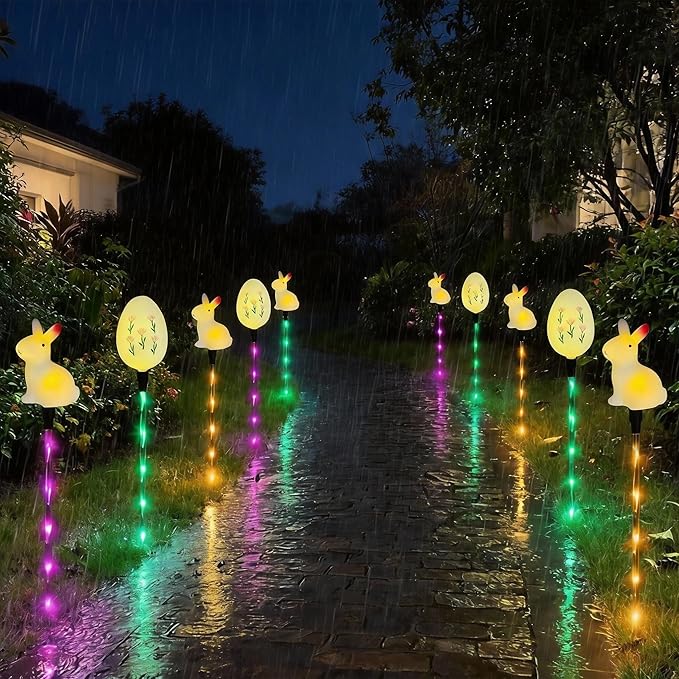 Easter Decorations Solar Pathway Lights, 6pcs Easter Bunny and Egg Lights with 8 Lighting Modes, Outdoor LED Colored Stake Lights for Lawn Yard Porch Patio Decoration (White - Rabbit+Egg)