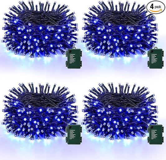 Lomotech Battery Operated Christmas Lights - 4 Pack Total 66ft 200LEDs String Lights 8 Modes Waterproof with Timer for Home, Garden, Party, Holiday, Tree Decoration (Green Wire, Blue）