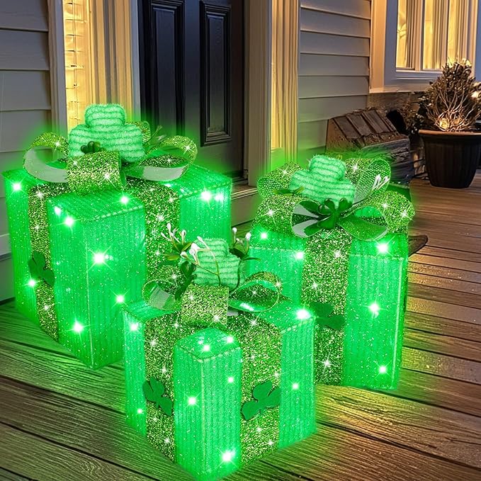 Timer & 8 Mode 3 Pack St Patricks Day Decorations Lighted Gift Boxes with 3D Shamrocks 60 LED Glitter Tinsel St Patrick's Day Decor Battery Operated Light Up Clover Present for Outdoor Home Room Decor