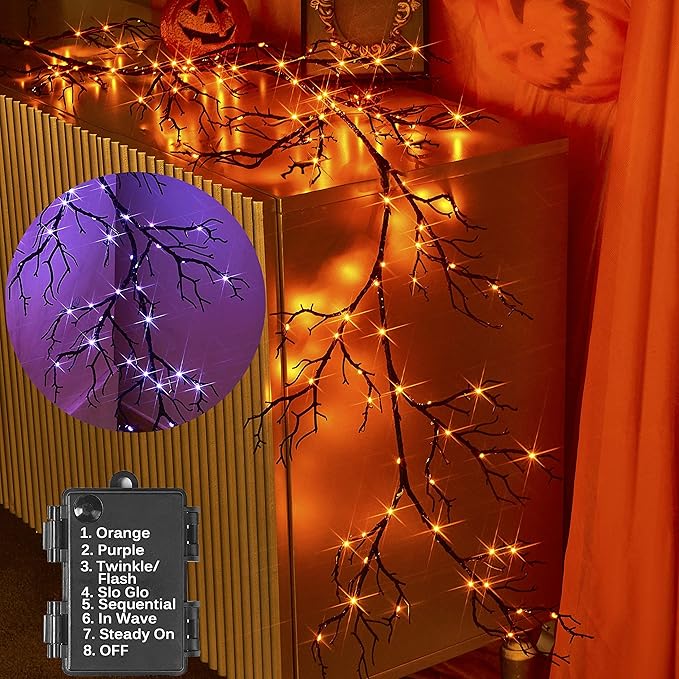 Hairui Halloween Garland with Lights 120 Orange and Purple Bi-Color Fairy Lights 8 Functions, Lighted Black Garland 6FT Battery Operated for Indoor Outdoor Home Halloween Decoration