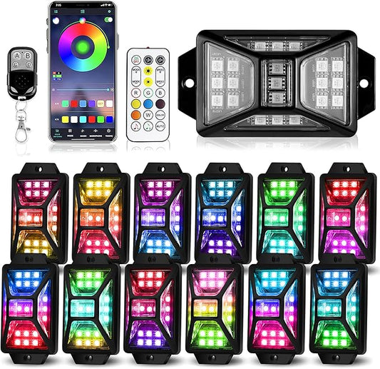 12 Pods Full Angle RGB Rock Lights Compatible with 12V Trucks Jeep UTV SUV ATV Boat Golf Cart, Waterproof Multi-Color, App/Remote Control Led Rock Lights with Music Mode
