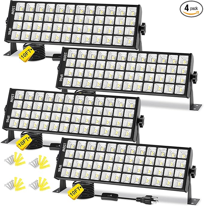 150W LED Shop Light, 18000LM 6000K Daylight White Super Bright, IP66 Waterproof Garage Light with On/Off 10 FT Cord Bay Lighting for Workshop Yard Garage Warehouses Yard 4 Pack