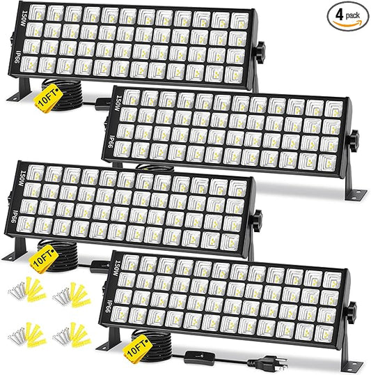 150W LED Shop Light, 18000LM 6000K Daylight White Super Bright, IP66 Waterproof Garage Light with On/Off 10 FT Cord Bay Lighting for Workshop Yard Garage Warehouses Yard 4 Pack