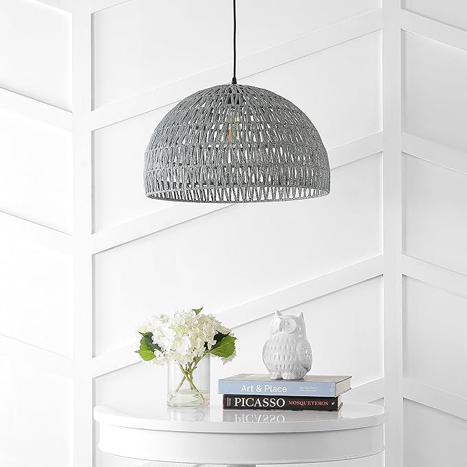 JONATHAN Y 20" Gray Modern Bohemian Woven Rope LED Pendant Light Fixture, Adjustable Dome Ceiling Lamp for Kitchen Island, Rope Shade, Coastal Farmhouse Decor (JYL6504D)