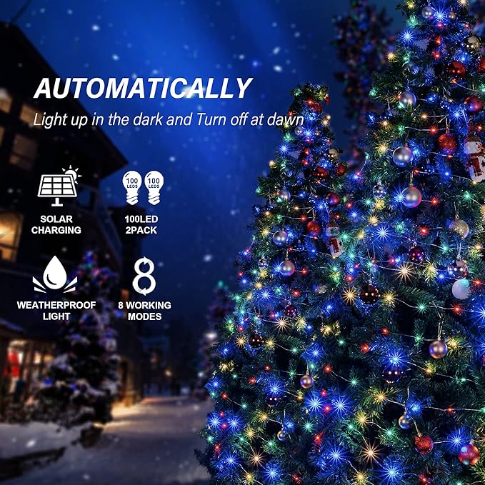 2 Pack Solar Fairy Lights - 33ft 100L Multicolor Twinkle Lights with 8 Modes, Firefly String Copper Wire, for Christmas, Bedroom, Patio, Wedding, Party