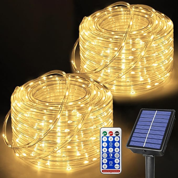 Ollny Solar Rope Lights Outdoor, 2 Pack Total 66FT 200 LED Warm White String Lights with Remote, 8 Modes Waterproof Timer Tube Light for Tree Holiday Party Wedding Decor