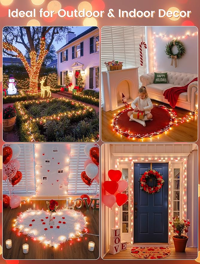 Hopolon Christmas Mini Lights, 2 Pack 13 FT 50 Count Plug in Christmas Tree Lights, 120V Waterproof Connectable White Wire String Light Set for Indoor Outdoor Valentines Day Wedding Decor Red & Clear