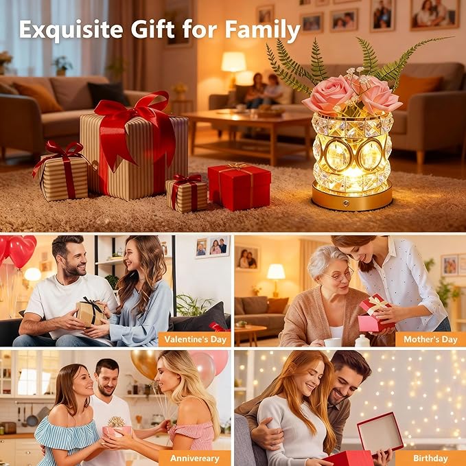 Rose Flower Lamp, Rechargeable Cordless Touch Crystal Bedside Table Lamp with 3-Color Dimmable Small Night Light - Birthday Gifts for Women, Mom, Wife, Living Room, Bedroom Decor, Romantic Home Decor