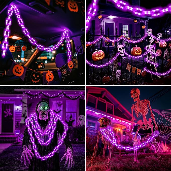 Joomer Battery Operated Halloween Lights Outdoor, 9.5 FT 160 LED Waterproof Halloween Decorative Plastic Chain String Lights, 8 Lighting Modes and Timer Function, Suitable for Outdoor Indoor (Purple)