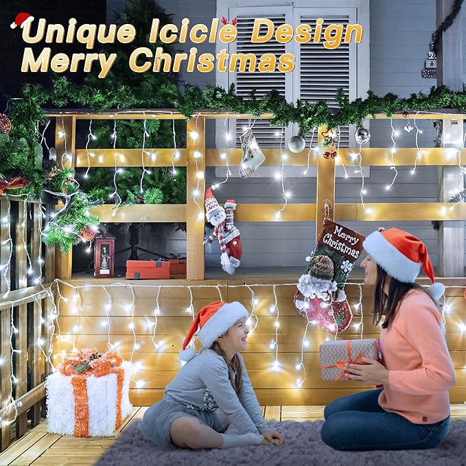 Icicle Lights for Outside, 216LED 24FT Waterproof Christmas Light Outdoor with 8 Modes & Timer, Connectable Christmas Icicle Lights for Eaves House Yard Indoor Outdoor Holiday Decoration(Cool White)