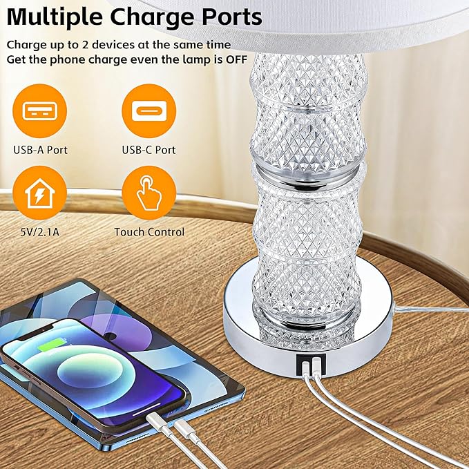 GRUENLICH Crystal Table Lamp Set of 2, 3-Way Dimmable Nightstand Lamp with Touch Control, USB C+A Charging Ports for Living Room Bedroom End Tables Office and Entryway （Silver）